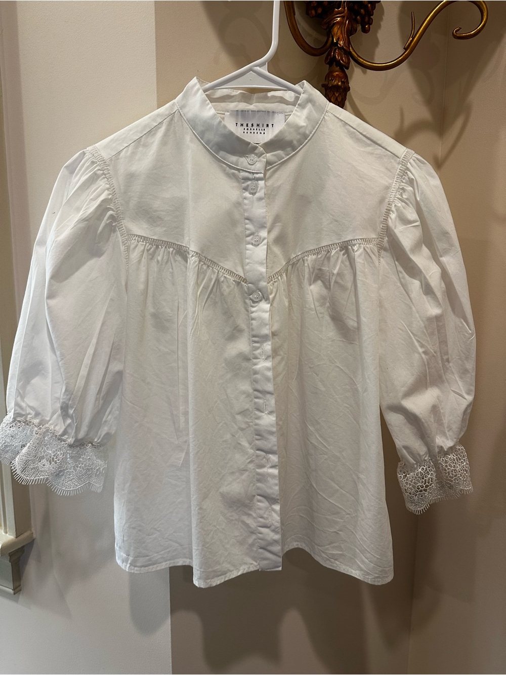The Shirt by Rochelle Behrens White Lace-Trim Puff Sleeve Blouse